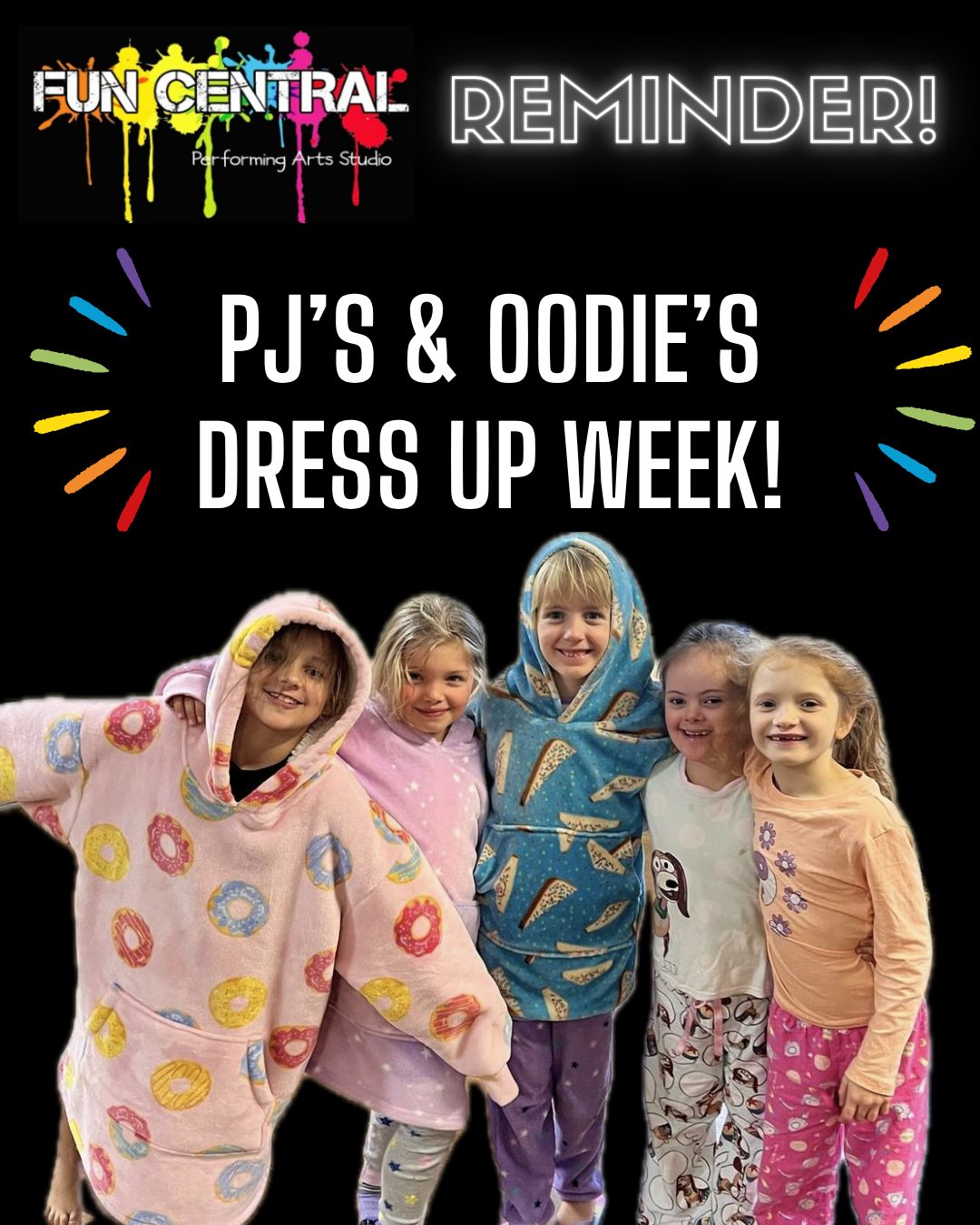 REMINDER! It's PJ's and Oodie's dress up week! 💃🥳
Come to class in your cosiest sleepwear this week! Perfect for the cool weather ❄🌨
We can't wait to see you all 😍